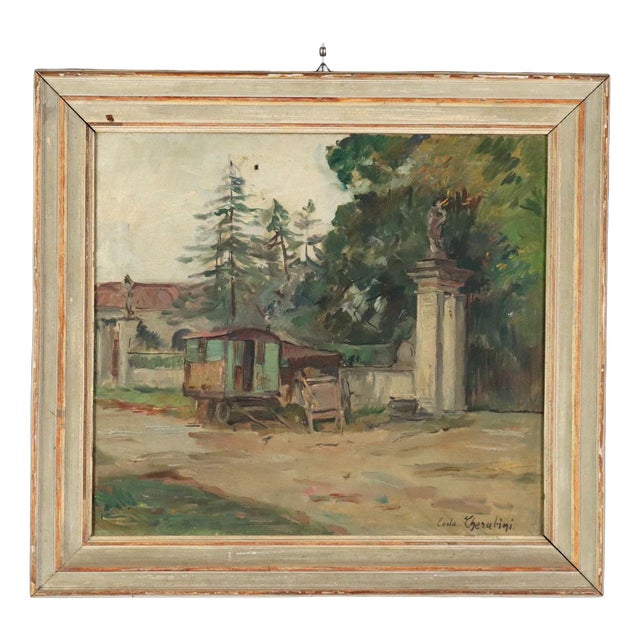 Carlo Cherubini, Landscape with Villa Entrance and Caravan, Oil Painting on Canvas, Framed For Sale