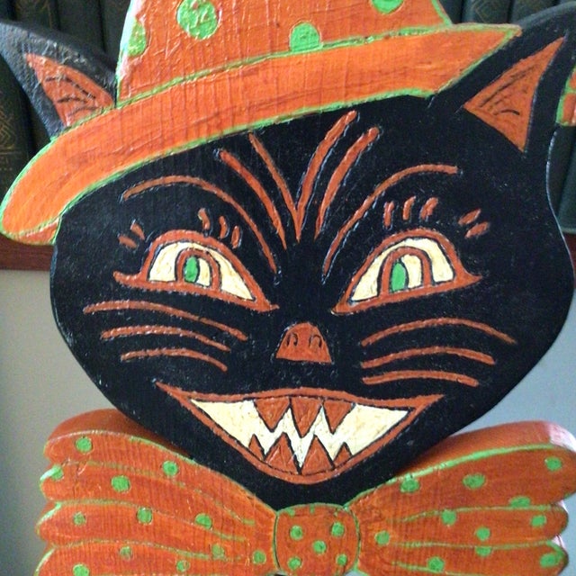 Wood Victorian Inspired Hand Made Free Standing Folk Art Black Halloween Cat by Northern California Folk Artist For Sale - Image 7 of 12