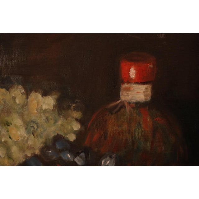 Vintage Flemish Chiaroscuro Style Still Life Depicting Fruit and Bottles, Oil on Canvas For Sale - Image 4 of 11