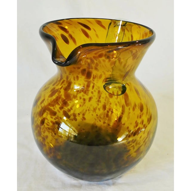 Vintage Hand Blown Amber Tortoise Shell Art Glass Pitcher With Applied Handle For Sale - Image 4 of 10