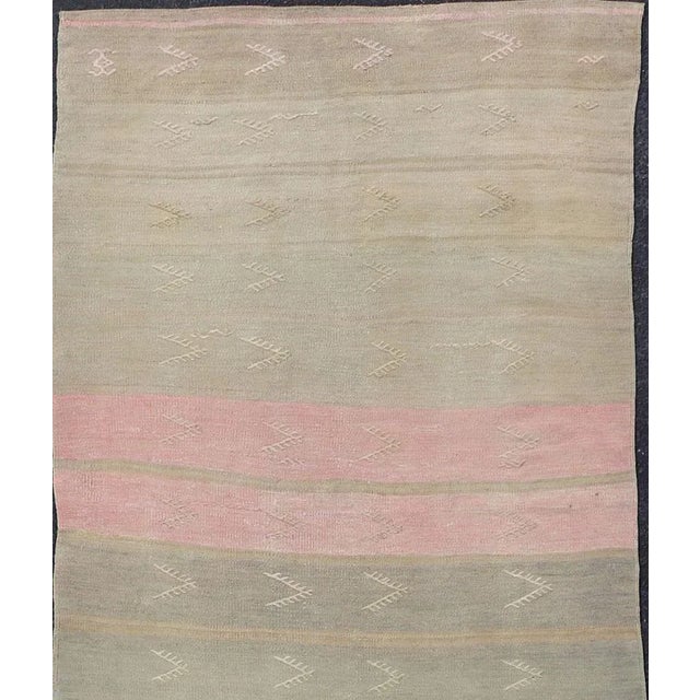 Textile Mid 20th Century Vintage Kilim Runner With Stripes and Geometric Tribal Motifs in Light Tones For Sale - Image 7 of 12