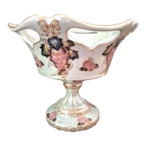 Vintage Chinese Porcelain Reticulated Floral Compote with Hand Grapes Decorations