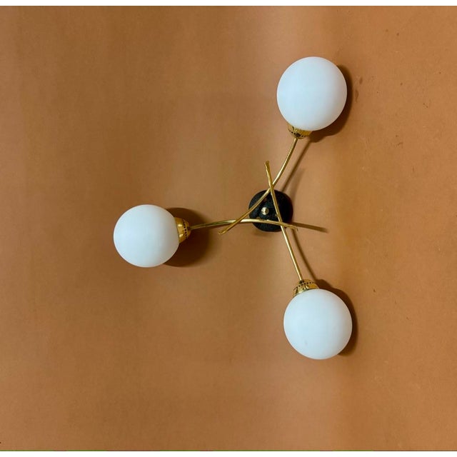 Wall or ceiling light, fully restored, white opaline glass globes; I can wire it for the United States. I have official...