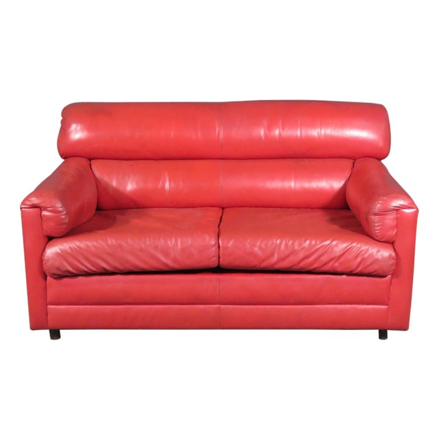 Mid 20th Century Vintage Red Leather Loveseat For Sale