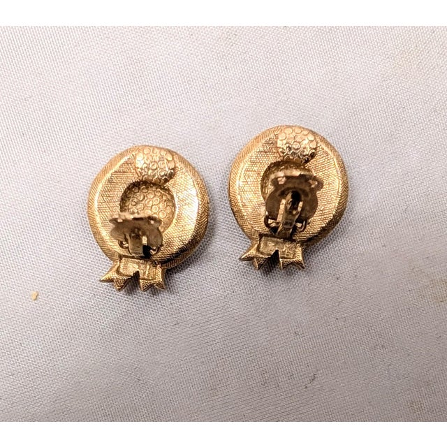 Metal Vintage 1960s Signed Ciner Goldtone Faux-Pearl & Red Enamel Bonnet Clip Earrings-2 Pieces For Sale - Image 7 of 7