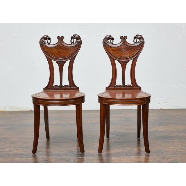 Pair of English Mahogany Hall Chairs with Carved Eagle Heads, 19th Century For Sale - Image 4 of 11