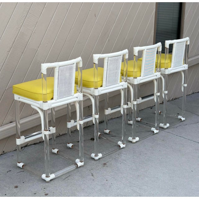 1970s Organic Modern Lucite and White Rattan Barstools With Cane Backs - Set of 4 For Sale - Image 9 of 11