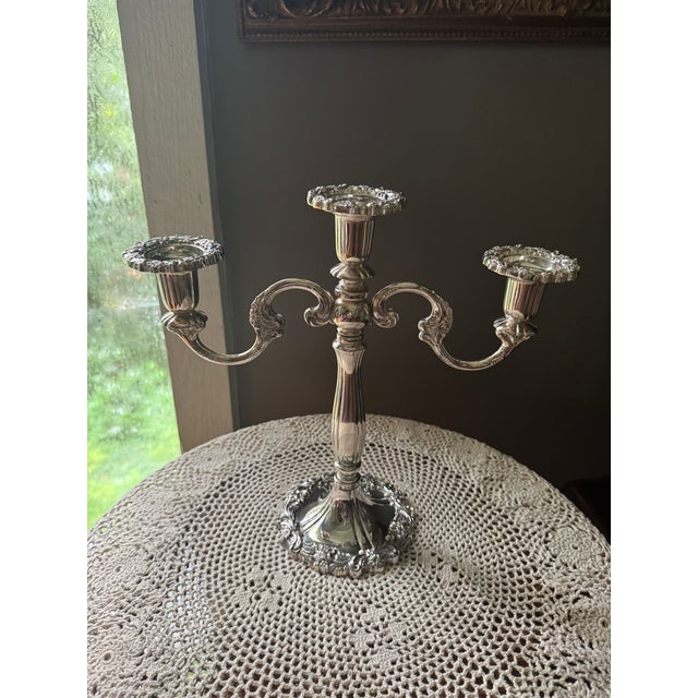 Metal Midcentury Sheffield Silverplate Heavy 3 Arm Candelabra Made in Italy For Sale - Image 7 of 13