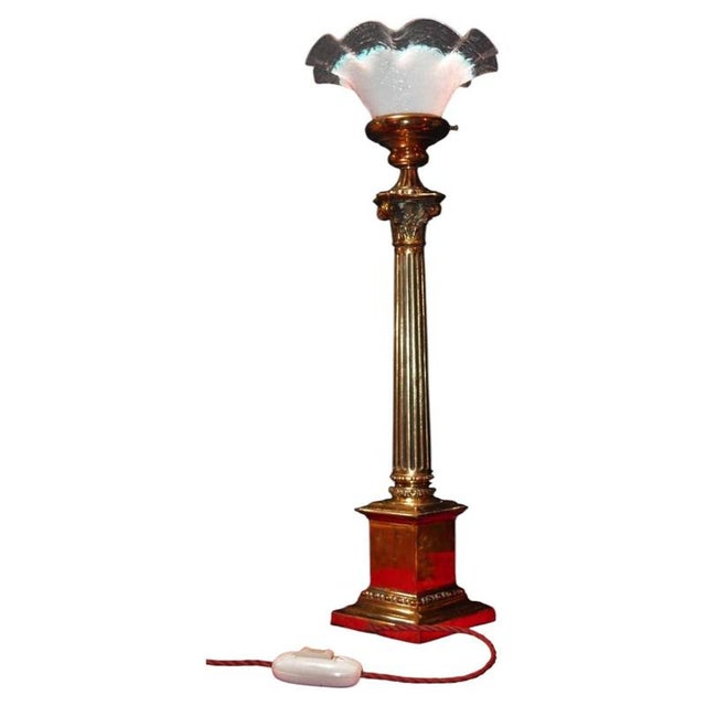 British Brass Corinthian Column Table Lamp with Vaseline Glass Shade, 1940s For Sale - Image 14 of 14