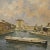 Italian artwork from 20th century. Mixed media painting on masonite depicting a view of the river with boats of good...