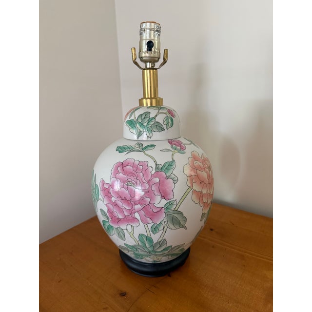 White Vintage Chinoiserie Peony Ginger Jar Table Lamp For Sale - Image 8 of 8