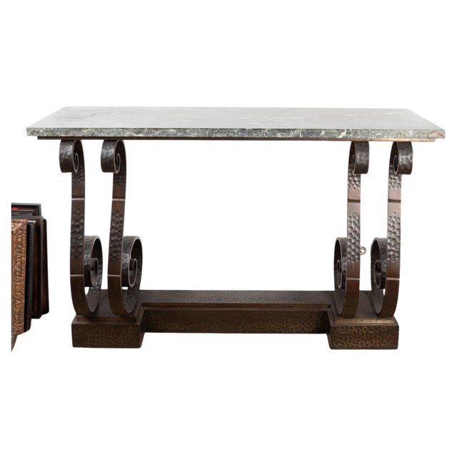 Large Art Deco Wrought Iron Console with Marble Top, 1930s For Sale