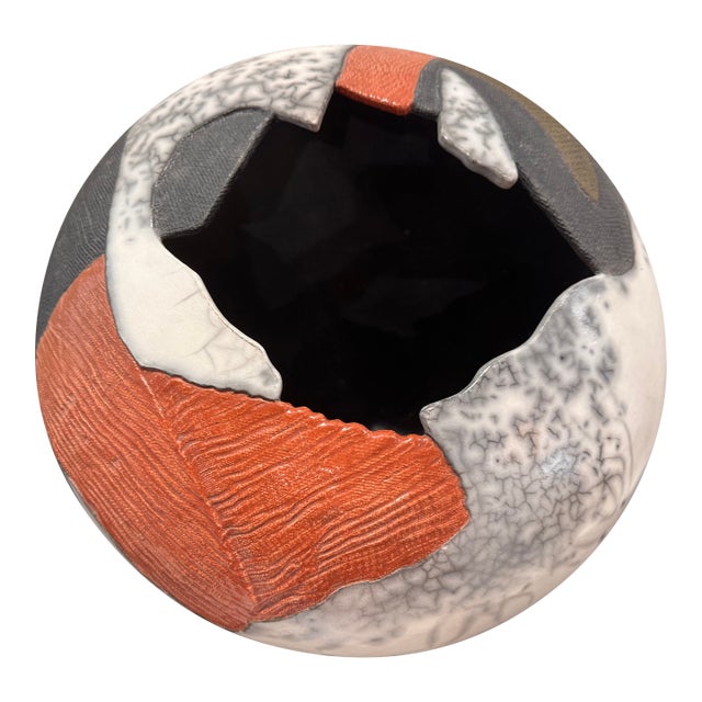 Large Sculptural Studio Pottery Vessel / Pod Form White Crackle Raku-Style Glaze, Textured Panels For Sale