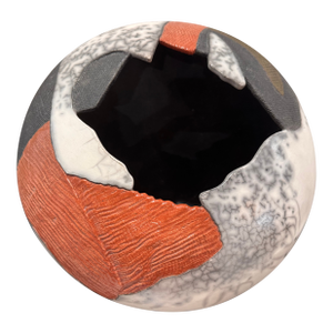 Large Sculptural Studio Pottery Vessel / Pod Form White Crackle Raku-Style Glaze, Textured Panels