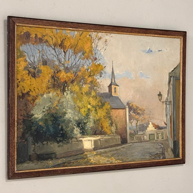 1920s Antique Framed Oil Painting on Canvas by Victor Fermans 'Autumn Village Scene' For Sale - Image 5 of 16