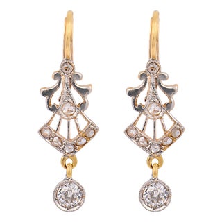 Early 20th Century Pair of Edwardian Old Cut Diamond Two Tone Drop Earrings For Sale