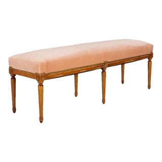 Louis XVI Style Bench With Apricot Velvet Upholstery and Carved Fluted Legs For Sale