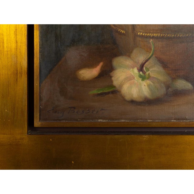 A flower still life large-scale painting in a round copper urn, using the sfumato technique to create soft contrasts...
