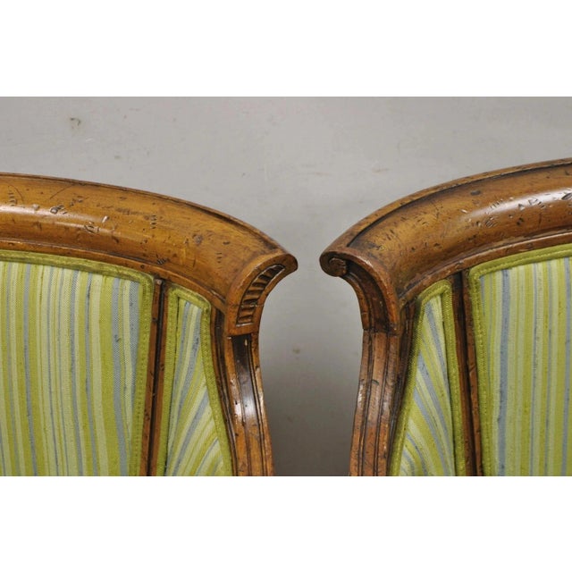 Early 20th Century Antique Italian Regency Distress Carved Walnut Barrel Back Club Arm Chair, Pair For Sale - Image 5 of 11