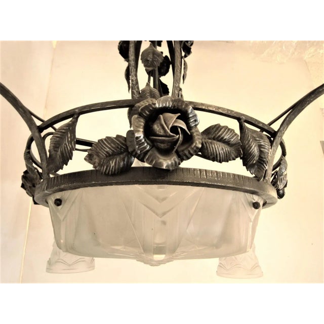 Metal French Art Deco Chandelier Signed Muller Freres Luneville For Sale - Image 7 of 12