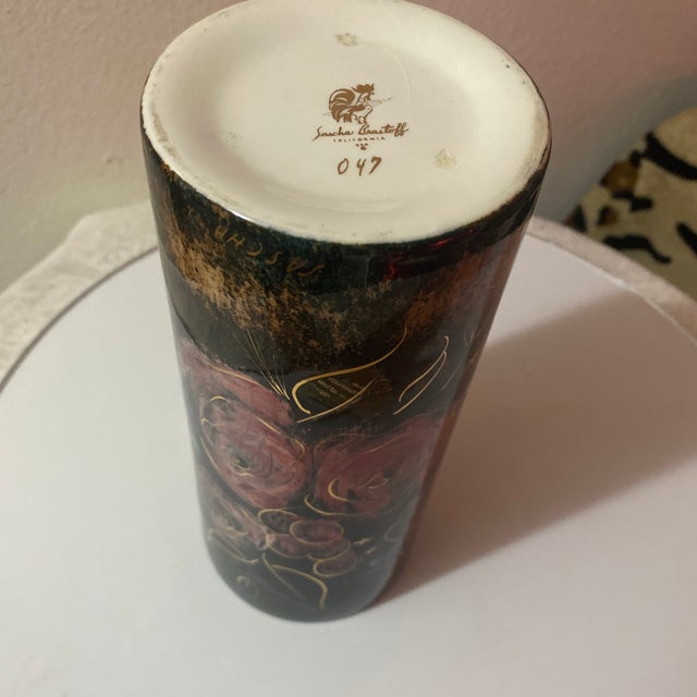 Sascha Brastoff Vintage Sascha Brastoff Mid-Century Ceramic Vase With a Floral Pattern Against a Black Background. For Sale - Image 4 of 4