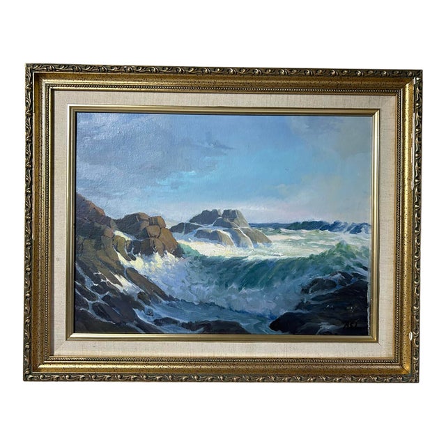 Vintage Oil Painting of a Rocky Coastal Seascape in Gold Frame For Sale