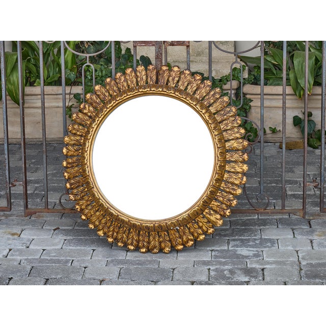 Early 20th Century Giltwood Feathered Round Mirror with Radiating Frame, French, 1920s For Sale - Image 5 of 12