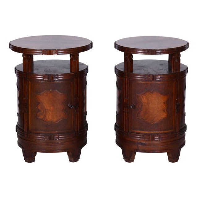 Czech Cubist Bedside Tables in Oak and Walnut, Polished, 1910s, Set of 2 For Sale