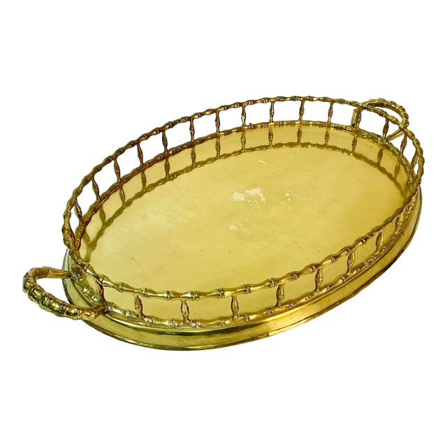 Mid-Century Hollywood Regency Boho Chic Coastal Faux Bamboo Brass Tray, Mottahedeh Attributed For Sale