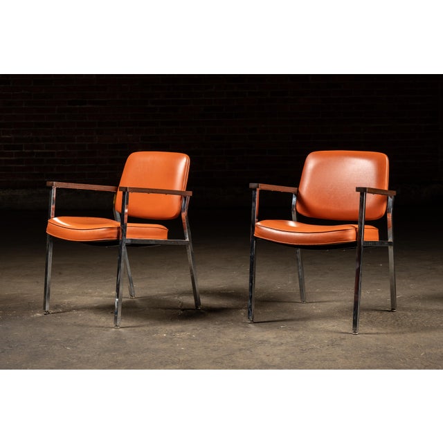 Pair of Delwood Mid Century Orange Vinyl Armchairs For Sale - Image 4 of 10