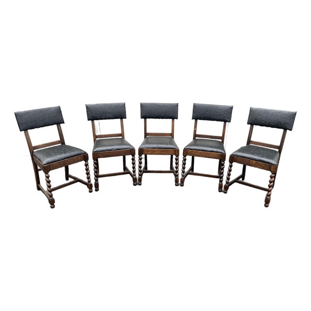 Antique Oak Barley Twist Dining Chairs- Set of 5 For Sale