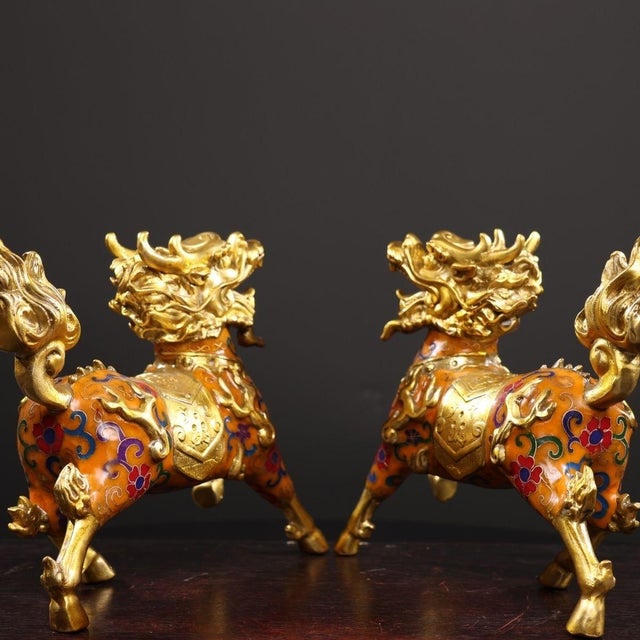 Orange Pair of Vintage Cloisonné Enamel Bronze Qilin Statues Foo Dogs 6.3" For Sale - Image 8 of 9