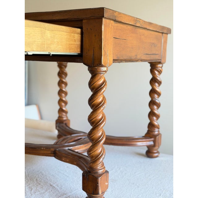 Mid 20th Century French 18th C. Charles II Style Barley Twist Spanish Revival Side Table With One Drawer Solid Walnut Wood in Style of Theodore Alexander / Eddie Bauer For Sale - Image 5 of 12