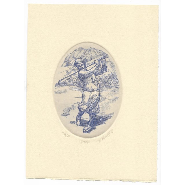 Etching by Colorado artist Marsha Howe, "Fore!" pencil signed, dated 1989 and numbered 72 of 150. Sheet size: 8 x 10.5...