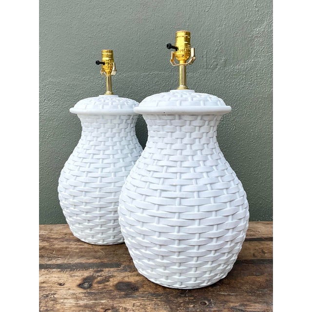Late 20th Century Vintage Plaster Woven Rattan Lamps - A Pair For Sale - Image 5 of 12