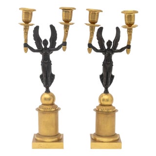 Empire Style Patinated and Gilt Metal Candelabra, Pair For Sale