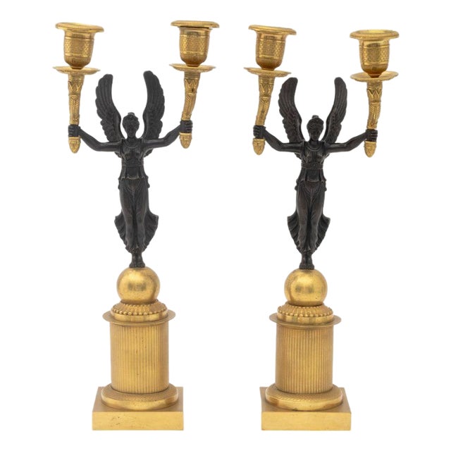 Empire Style Patinated and Gilt Metal Candelabra, Pair For Sale