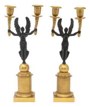 Empire Style Patinated and Gilt Metal Candelabra, Pair