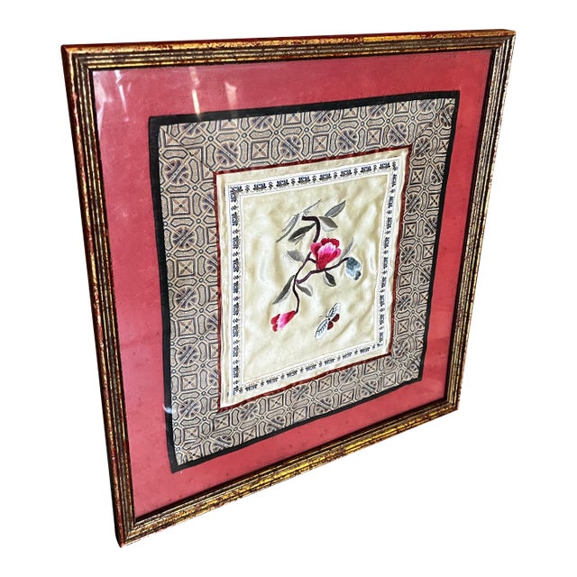 Hand Embroidered Vintage Asian Style Silk Artwork, Framed For Sale