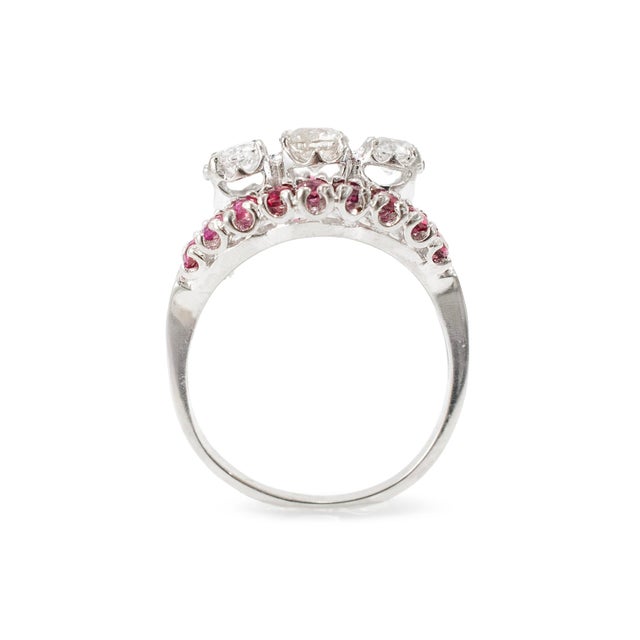 Antique 14k White Gold 1.33ctw Old Cut Diamond Ruby Three Stone Cocktail Ring, Size 7.25 For Sale - Image 4 of 9