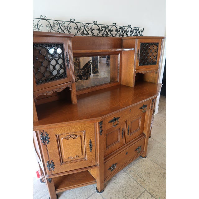 Antique Oak Sideboard Buffet With Leaded Glass Cabinets & Mirror For Sale In Miami - Image 6 of 12