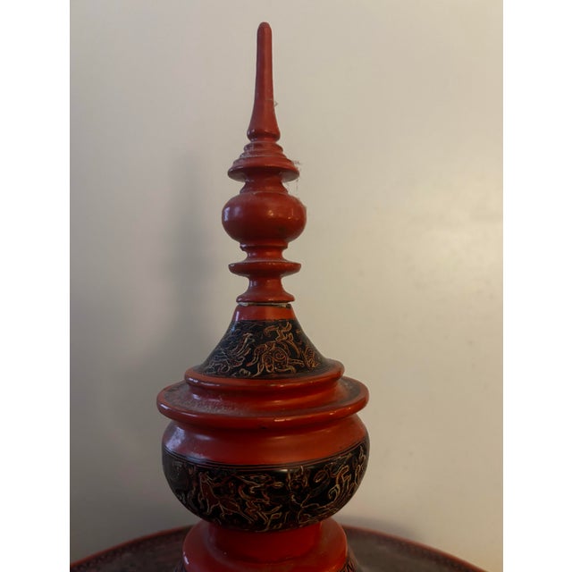 Wood Antique Burmese Hsun-Ok Buddhist Offering Vessel With Hand-Incised Yun Lacquer Decoration, Late 19th–Early 20th Century For Sale - Image 7 of 12