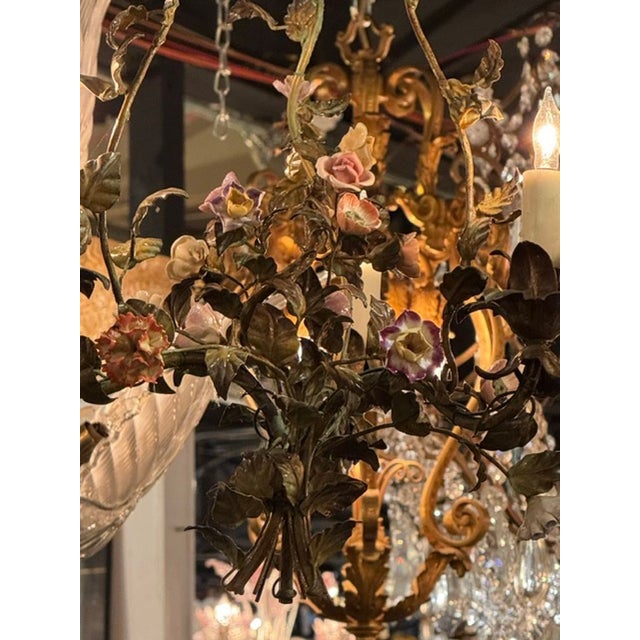 Early 20th Century French Antique Iron and Porcelain Flower Chandeliers For Sale - Image 5 of 9