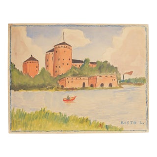 Mid-Century Swedish Outsider Folk Art Original Watercolor Painting, Signed, Lake Landscape For Sale