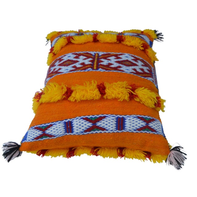 Late 20th Century Vintage Moroccan Orange & Blue Stripes Wool Pillow For Sale - Image 5 of 10