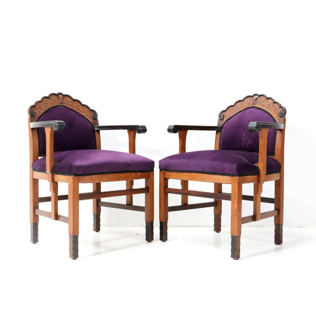 Set of Art Deco Amsterdamse School Armchairs in Oak, 1920s For Sale - Image 4 of 13