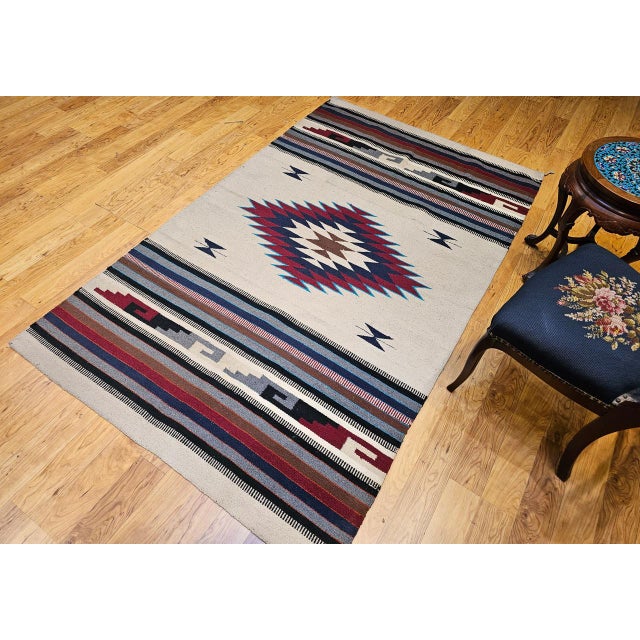 Vintage American Southwestern Saltillo Kilim Rug, Medallion & Striped Pattern, Ivory & Red, 5x7 For Sale - Image 11 of 18