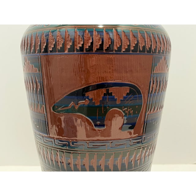 Monumental Southwestern Studio Art Pottery Vase Signed W. Johnson “Navajo” – Carved Bear Motif For Sale In Detroit - Image 6 of 10