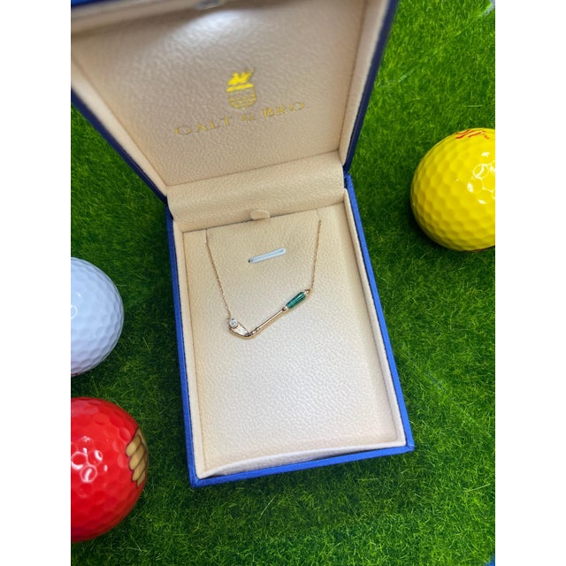 Metal Diamond Malachite Golf Club Birdie Charm 18 Karat Yellow Gold Necklace Pendant For Sale - Image 7 of 18