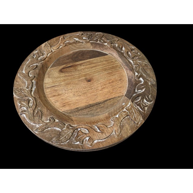 Late 20th Century Vintage Pier 1 Imports Carved Wood Leaf and Vine 14” Charger Plates — Set of 4 For Sale - Image 5 of 9